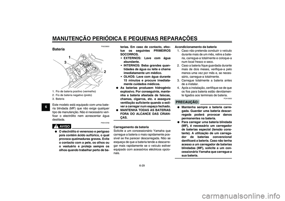 YAMAHA FZ1-N 2008  Manual de utilização (in Portuguese) MANUTENÇÃO PERIÓDICA E PEQUENAS REPARAÇÕES
6-29
6
PAU33650
Bateria Este modelo está equipado com uma bate-
ria blindada (MF) que não exige qualquer
tipo de manutenção. Não é necessário ver
