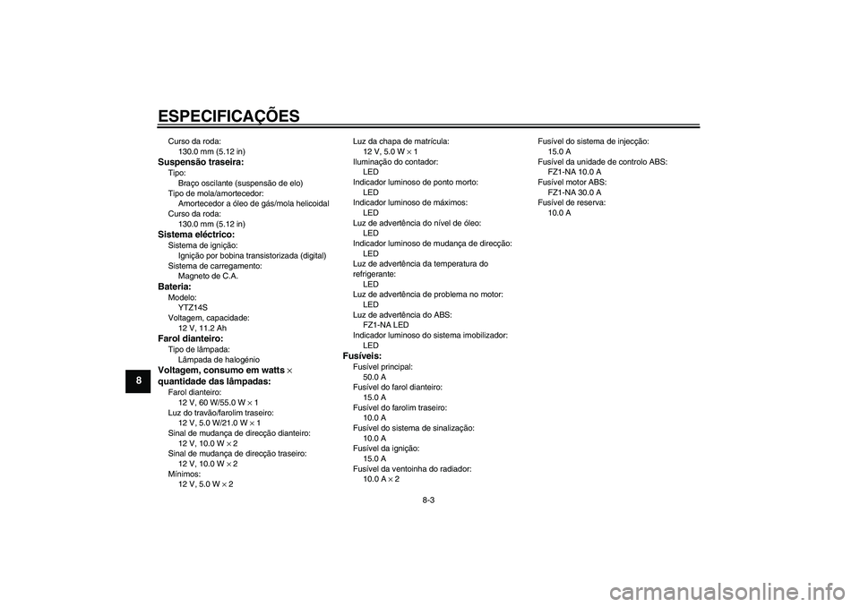 YAMAHA FZ1-N 2008  Manual de utilização (in Portuguese) ESPECIFICAÇÕES
8-3
8
Curso da roda:
130.0 mm (5.12 in)Suspensão traseira:Tipo:
Braço oscilante (suspensão de elo)
Tipo de mola/amortecedor:
Amortecedor a óleo de gás/mola helicoidal
Curso da ro