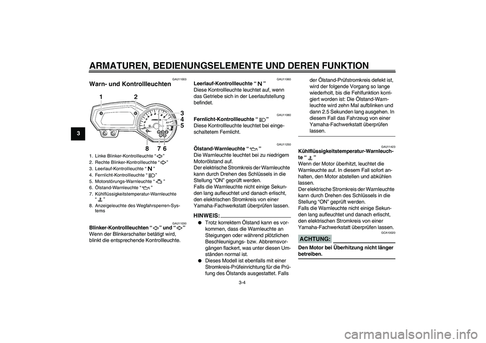 YAMAHA FZ1-N 2007  Betriebsanleitungen (in German) ARMATUREN, BEDIENUNGSELEMENTE UND DEREN FUNKTION
3-4
3
GAU11003
Warn- und Kontrollleuchten 
GAU11030
Blinker-Kontrollleuchten “” und “” 
Wenn der Blinkerschalter betätigt wird, 
blinkt die en