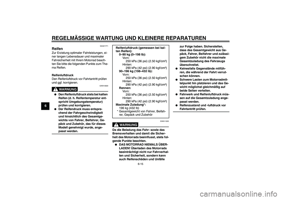 YAMAHA FZ1-N 2007  Betriebsanleitungen (in German) REGELMÄSSIGE WARTUNG UND KLEINERE REPARATUREN
6-15
6
GAU21771
Reifen Zur Erzielung optimaler Fahrleistungen, ei-
ner langen Lebensdauer und maximaler 
Fahrsicherheit mit Ihrem Motorrad beach-
ten Sie