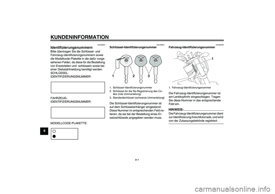 YAMAHA FZ1-N 2007  Betriebsanleitungen (in German) KUNDENINFORMATION
9-1
9
GAU26351
Identifizierungsnummern Bitte übertragen Sie die Schlüssel- und 
Fahrzeug-Identifizierungsnummern sowie 
die Modellcode-Plakette in die dafür vorge-
sehenen Felder,