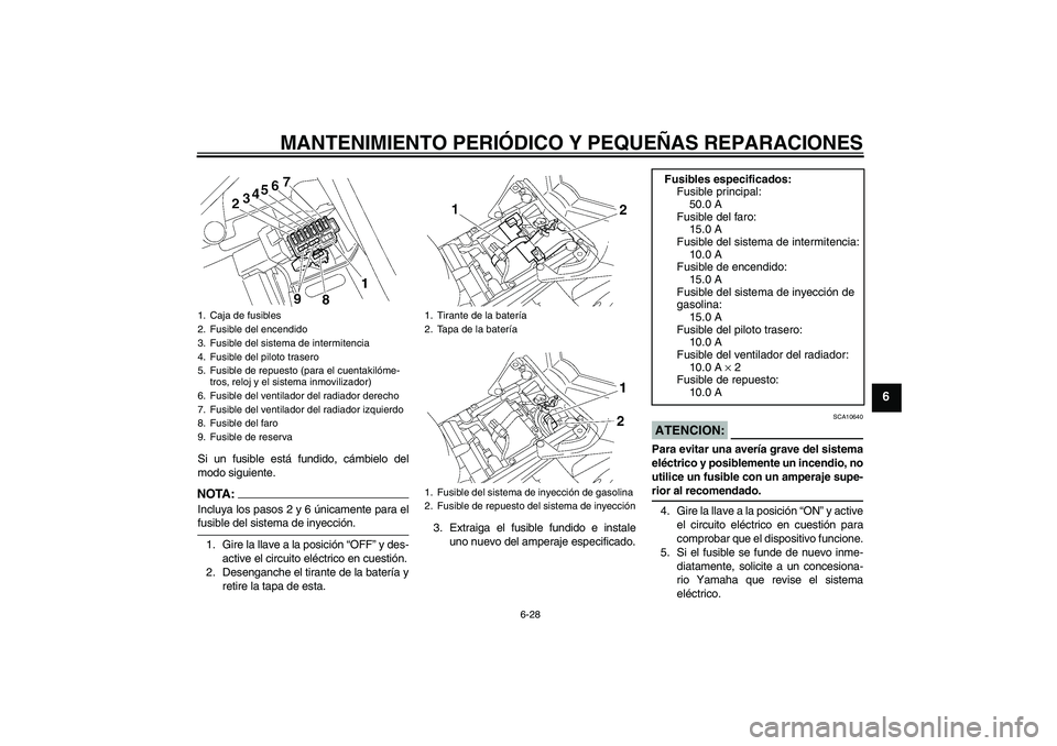 YAMAHA FZ1-N 2007 Manuale de Empleo (in Spanish) MANTENIMIENTO PERIÓDICO Y PEQUEÑAS REPARACIONES
6-28
6
Si un fusible está fundido, cámbielo del
modo siguiente.NOTA:Incluya los pasos 2 y 6 únicamente para elfusible del sistema de inyección.
1. YAMAHA FZ1-N 2007 Manuale de Empleo (in Spanish) MANTENIMIENTO PERIÓDICO Y PEQUEÑAS REPARACIONES
6-28
6
Si un fusible está fundido, cámbielo del
modo siguiente.NOTA:Incluya los pasos 2 y 6 únicamente para elfusible del sistema de inyección.
1.