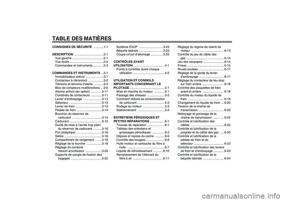 YAMAHA FZ1-N 2007  Notices Demploi (in French) TABLE DES MATIÈRESCONSIGNES DE SÉCURITÉ ............1-1
DESCRIPTION ..................................2-1
Vue gauche .....................................2-1
Vue droite ............................