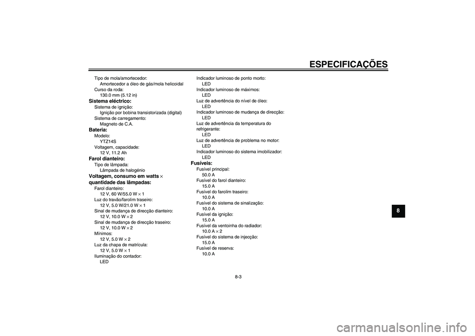 YAMAHA FZ1-N 2007 Manual de utilização (in Portuguese) ESPECIFICAÇÕES
8-3
8
Tipo de mola/amortecedor:
Amortecedor a óleo de gás/mola helicoidal
Curso da roda:
130.0 mm (5.12 in)Sistema eléctrico:Sistema de ignição:
Ignição por bobina transistoriz YAMAHA FZ1-N 2007 Manual de utilização (in Portuguese) ESPECIFICAÇÕES
8-3
8
Tipo de mola/amortecedor:
Amortecedor a óleo de gás/mola helicoidal
Curso da roda:
130.0 mm (5.12 in)Sistema eléctrico:Sistema de ignição:
Ignição por bobina transistoriz