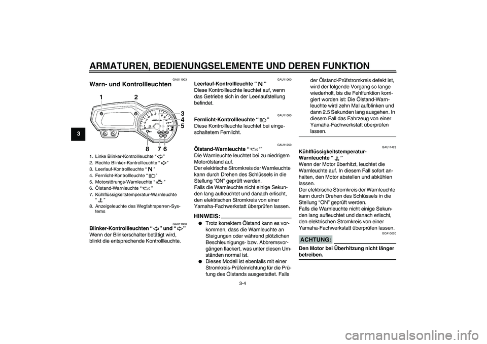 YAMAHA FZ1-N 2006  Betriebsanleitungen (in German) ARMATUREN, BEDIENUNGSELEMENTE UND DEREN FUNKTION
3-4
3
GAU11003
Warn- und Kontrollleuchten 
GAU11030
Blinker-Kontrollleuchten “” und “” 
Wenn der Blinkerschalter betätigt wird, 
blinkt die en