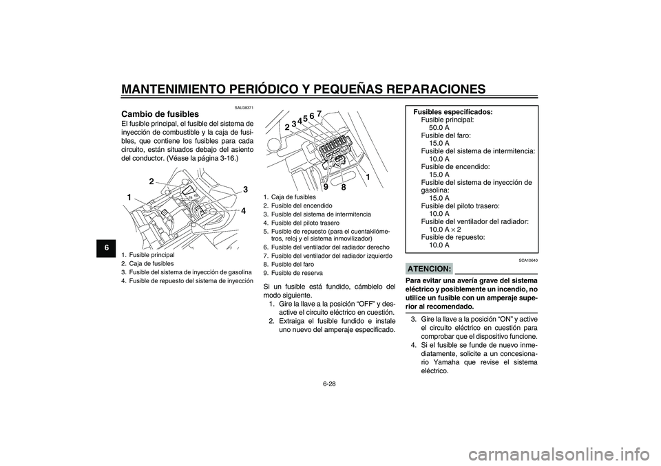 YAMAHA FZ1-N 2006  Manuale de Empleo (in Spanish) MANTENIMIENTO PERIÓDICO Y PEQUEÑAS REPARACIONES
6-28
6
SAU38371
Cambio de fusibles El fusible principal, el fusible del sistema de
inyección de combustible y la caja de fusi-
bles, que contiene los