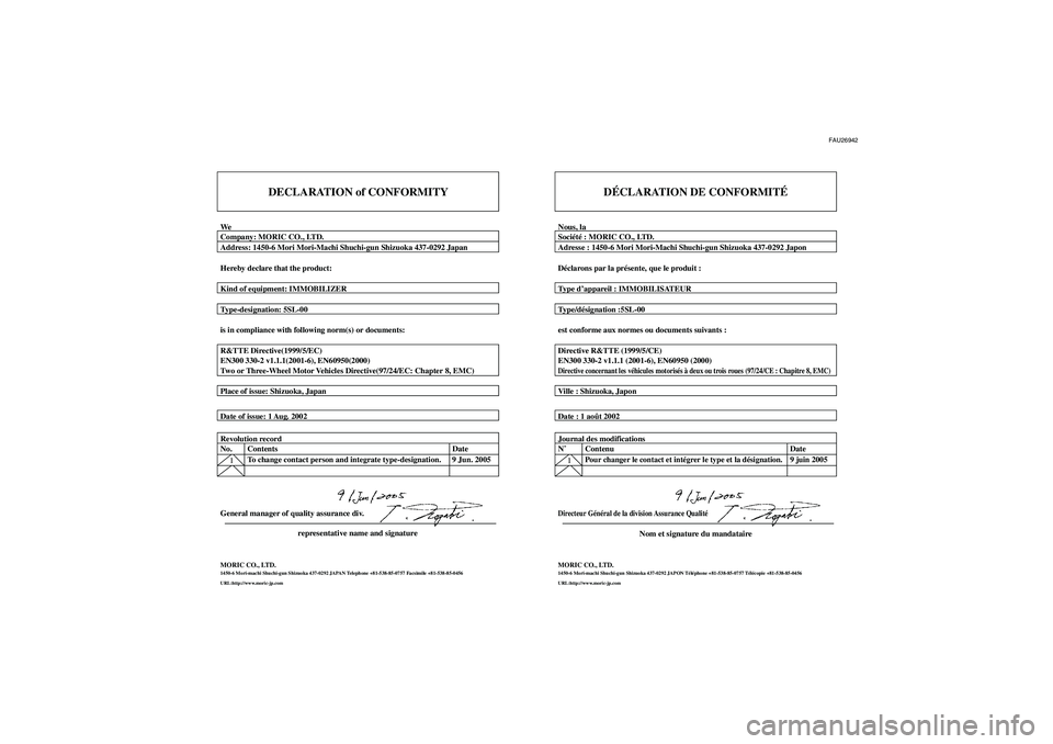 YAMAHA FZ1-N 2006  Notices Demploi (in French) FAU26942
DECLARATION of CONFORMITY
WeCompany: MORIC CO., LTD.
Address: 1450-6 Mori Mori-Machi Shuchi-gun Shizuoka 437-0292 Japan
Hereby declare that the product:
Kind of equipment: IMMOBILIZER
Type-de