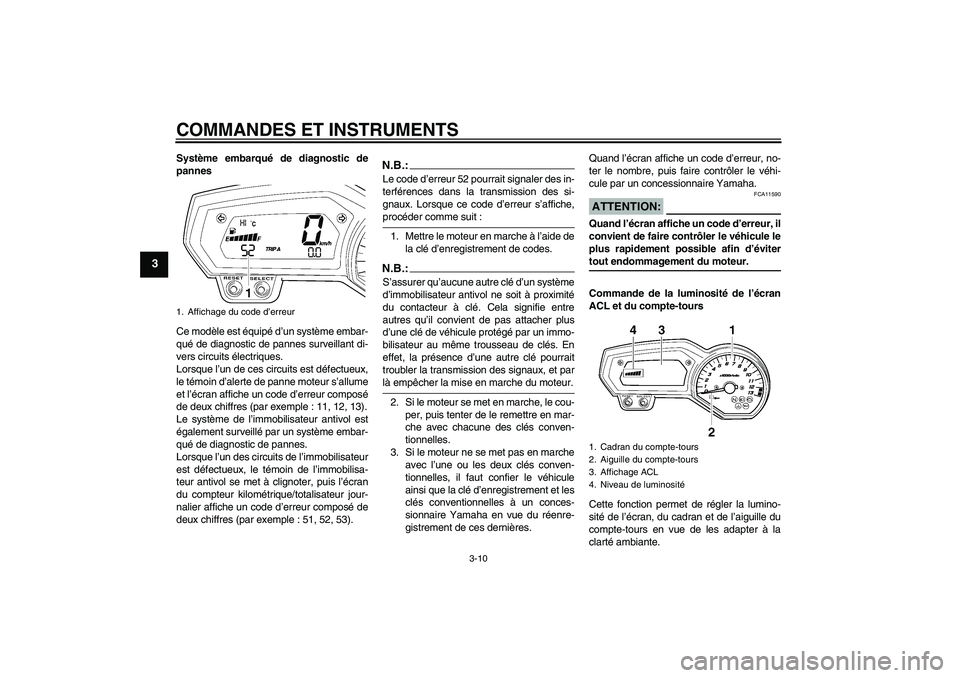 YAMAHA FZ1-N 2006  Notices Demploi (in French) COMMANDES ET INSTRUMENTS
3-10
3
Système embarqué de diagnostic de
pannes
Ce modèle est équipé d’un système embar-
qué de diagnostic de pannes surveillant di-
vers circuits électriques.
Lorsq