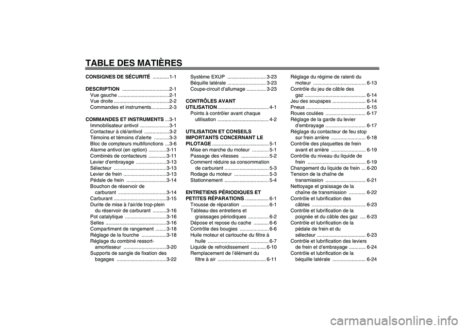 YAMAHA FZ1-N 2006  Notices Demploi (in French) TABLE DES MATIÈRESCONSIGNES DE SÉCURITÉ ............1-1
DESCRIPTION ..................................2-1
Vue gauche .....................................2-1
Vue droite ............................