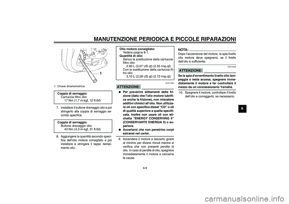 YAMAHA FZ1-N 2006  Manuale duso (in Italian) MANUTENZIONE PERIODICA E PICCOLE RIPARAZIONI
6-9
6
7. Installare il bullone drenaggio olio e poi
stringerlo alla coppia di serraggio se-
condo specifica.
8. Aggiungere la quantità secondo speci-
fica
