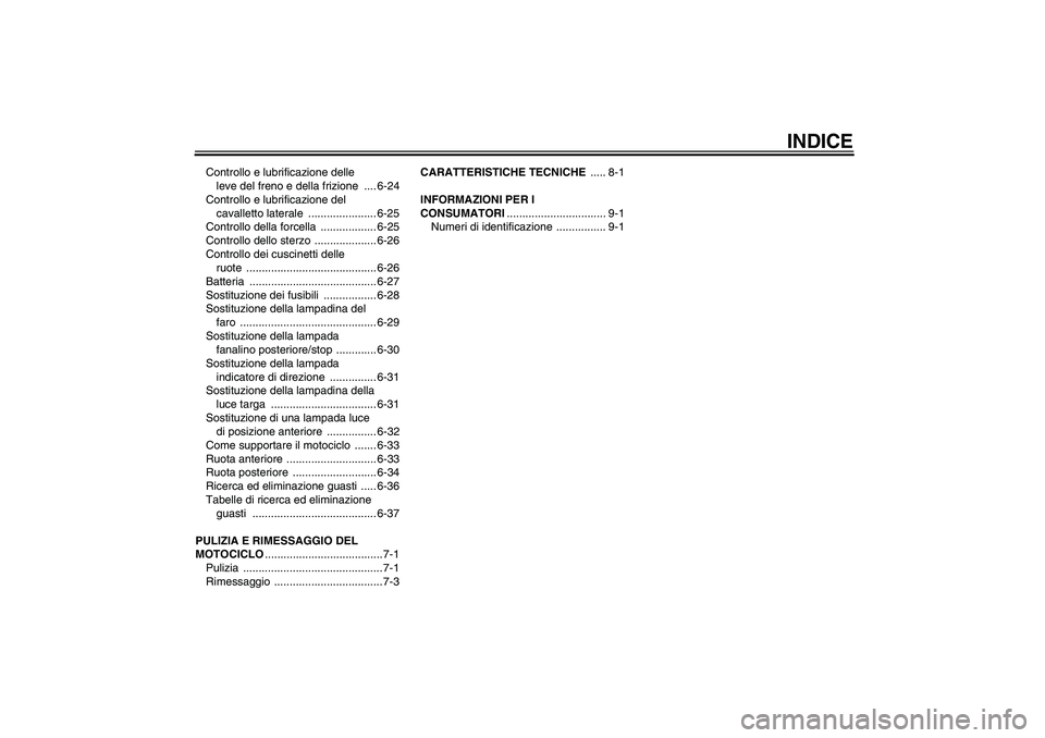 YAMAHA FZ1-N 2006  Manuale duso (in Italian) INDICE
Controllo e lubrificazione delle 
leve del freno e della frizione  .... 6-24
Controllo e lubrificazione del 
cavalletto laterale  ...................... 6-25
Controllo della forcella  .........