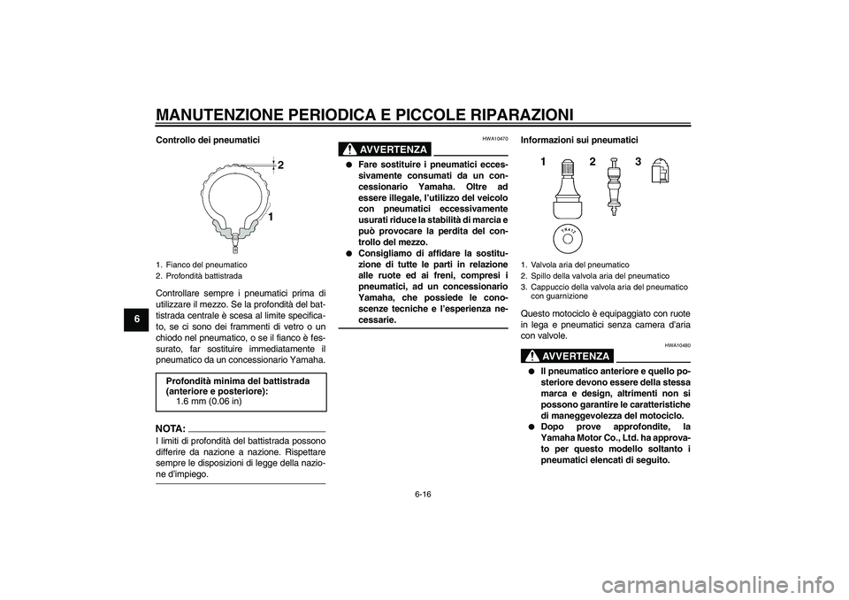 YAMAHA FZ1-N 2006  Manuale duso (in Italian) MANUTENZIONE PERIODICA E PICCOLE RIPARAZIONI
6-16
6
Controllo dei pneumatici
Controllare sempre i pneumatici prima di
utilizzare il mezzo. Se la profondità del bat-
tistrada centrale è scesa al limi