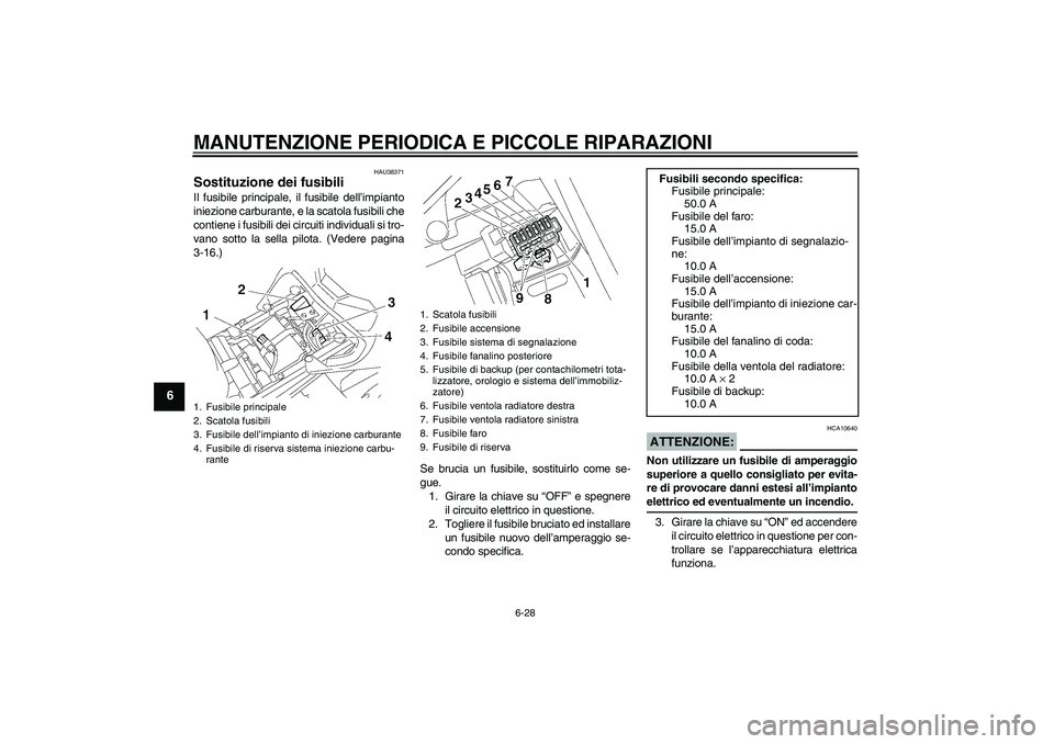 YAMAHA FZ1-N 2006 Manuale duso (in Italian) MANUTENZIONE PERIODICA E PICCOLE RIPARAZIONI
6-28
6
HAU38371
Sostituzione dei fusibili Il fusibile principale, il fusibile dell’impianto
iniezione carburante, e la scatola fusibili che
contiene i fu YAMAHA FZ1-N 2006 Manuale duso (in Italian) MANUTENZIONE PERIODICA E PICCOLE RIPARAZIONI
6-28
6
HAU38371
Sostituzione dei fusibili Il fusibile principale, il fusibile dell’impianto
iniezione carburante, e la scatola fusibili che
contiene i fu