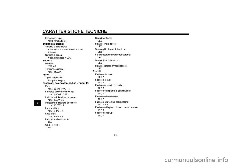 YAMAHA FZ1-N 2006  Manuale duso (in Italian) CARATTERISTICHE TECNICHE
8-3
8
Escursione ruota:
130.0 mm (5.12 in)Impianto elettrico:Sistema d’accensione:
Accensione a bobina transistorizzata 
(digitale)
Sistema di carica:
Volano magnete in C.A.