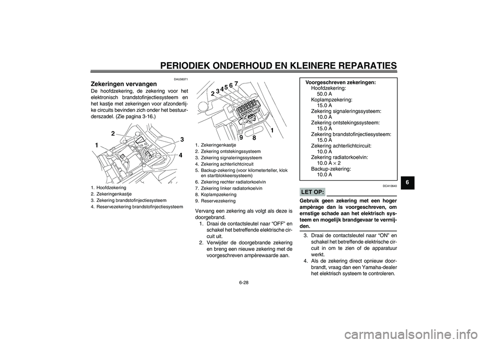 YAMAHA FZ1-N 2006  Instructieboekje (in Dutch) PERIODIEK ONDERHOUD EN KLEINERE REPARATIES
6-28
6
DAU38371
Zekeringen vervangen De hoofdzekering, de zekering voor het
elektronisch brandstofinjectiesysteem en
het kastje met zekeringen voor afzonderl