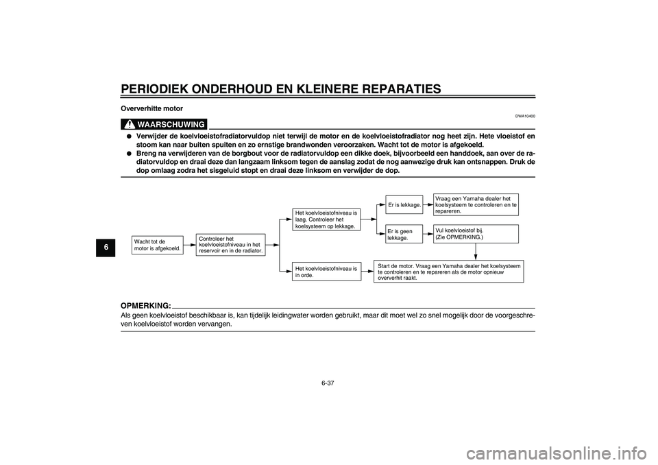 YAMAHA FZ1-N 2006  Instructieboekje (in Dutch) PERIODIEK ONDERHOUD EN KLEINERE REPARATIES
6-37
6
Oververhitte motor
WAARSCHUWING
DWA10400

Verwijder de koelvloeistofradiatorvuldop niet terwijl de motor en de koelvloeistofradiator nog heet zijn. H