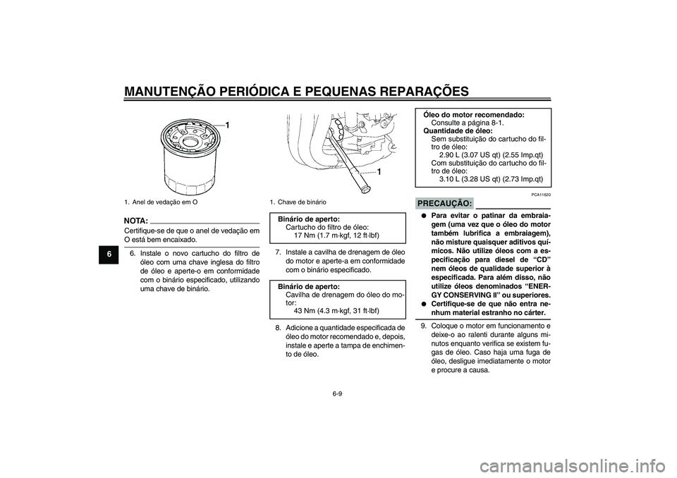 YAMAHA FZ1-N 2006  Manual de utilização (in Portuguese) MANUTENÇÃO PERIÓDICA E PEQUENAS REPARAÇÕES
6-9
6
NOTA :
Certifique-se de que o anel de vedação emO está bem encaixado.
6. Instale o novo cartucho do filtro de
óleo com uma chave inglesa do fi
