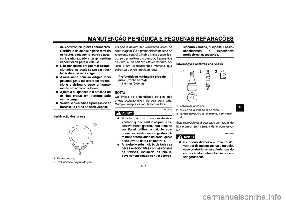 YAMAHA FZ1-N 2006  Manual de utilização (in Portuguese) MANUTENÇÃO PERIÓDICA E PEQUENAS REPARAÇÕES
6-16
6
de controlo ou graves ferimentos.
Certifique-se de que o peso total do
condutor, passageiro, carga e aces-
sórios não excede a carga máxima
es