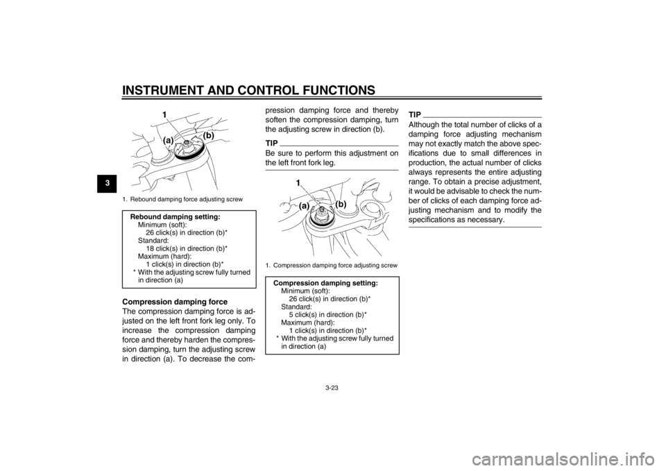 YAMAHA FZ1 S 2012 Owners Guide INSTRUMENT AND CONTROL FUNCTIONS
3-23
3Compression damping force
The compression damping force is ad-
justed on the left front fork leg only. To
increase the compression damping
force and thereby hard