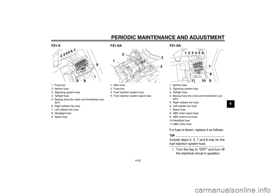 YAMAHA FZ1 S 2012 Manual Online PERIODIC MAINTENANCE AND ADJUSTMENT
6-33
6
FZ1-S FZ1-SA FZ1-SA
If a fuse is blown, replace it as follows.
TIPInclude steps 2, 3, 7 and 8 only for the
fuel injection system fuse.1. Turn the key to “O YAMAHA FZ1 S 2012 Manual Online PERIODIC MAINTENANCE AND ADJUSTMENT
6-33
6
FZ1-S FZ1-SA FZ1-SA
If a fuse is blown, replace it as follows.
TIPInclude steps 2, 3, 7 and 8 only for the
fuel injection system fuse.1. Turn the key to “O