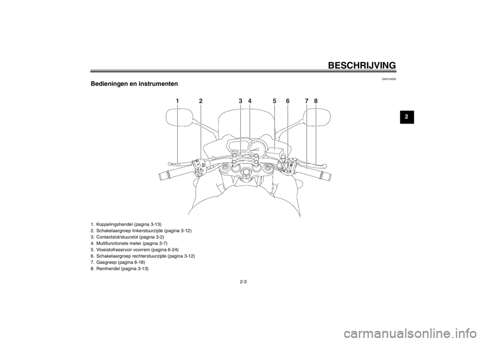 YAMAHA FZ1 S 2012 Instructieboekje (in Dutch) BESCHRIJVING
2-3
2
DAU10430
Bedieningen en instrumenten
1
2
3
4
6
7
8
5
1. Koppelingshendel (pagina 3-13)
2. Schakelaargroep linkerstuurzijde (pagina 3-12)
3. Contactslot/stuurslot (pagina 3-2)
4. Mul YAMAHA FZ1 S 2012 Instructieboekje (in Dutch) BESCHRIJVING
2-3
2
DAU10430
Bedieningen en instrumenten
1
2
3
4
6
7
8
5
1. Koppelingshendel (pagina 3-13)
2. Schakelaargroep linkerstuurzijde (pagina 3-12)
3. Contactslot/stuurslot (pagina 3-2)
4. Mul
