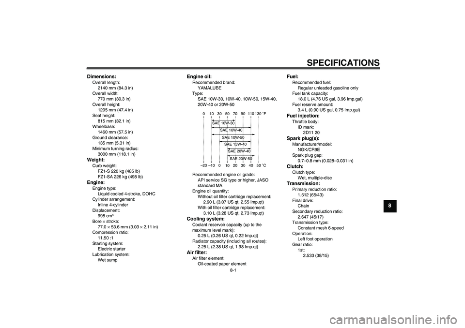 YAMAHA FZ1 S 2011  Owners Manual SPECIFICATIONS
8-1
8
Dimensions:Overall length:
2140 mm (84.3 in)
Overall width:
770 mm (30.3 in)
Overall height:
1205 mm (47.4 in)
Seat height:
815 mm (32.1 in)
Wheelbase:
1460 mm (57.5 in)
Ground cl