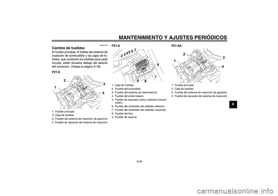 YAMAHA FZ1 S 2011  Manuale de Empleo (in Spanish) MANTENIMIENTO Y AJUSTES PERIÓDICOS
6-33
6
SAU43133
Cambio de fusibles El fusible principal, el fusible del sistema de
inyección de combustible y las cajas de fu-
sibles, que contienen los fusibles p