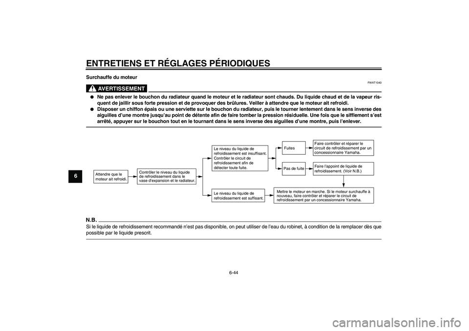 YAMAHA FZ1 S 2011  Notices Demploi (in French) ENTRETIENS ET RÉGLAGES PÉRIODIQUES
6-44
6
Surchauffe du moteur
AVERTISSEMENT
FWAT1040

Ne pas enlever le bouchon du radiateur quand le moteur et le radiateur sont chauds. Du liquide chaud et de la 