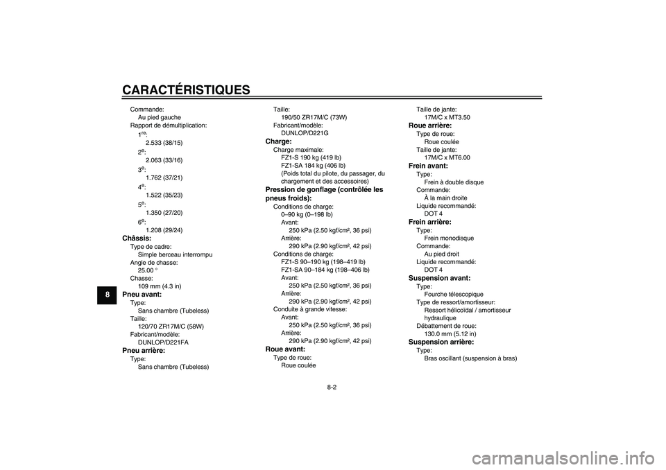 YAMAHA FZ1 S 2011  Notices Demploi (in French) CARACTÉRISTIQUES
8-2
8
Commande:
Au pied gauche
Rapport de démultiplication:
1
re:
2.533 (38/15)
2e:
2.063 (33/16)
3e:
1.762 (37/21)
4e:
1.522 (35/23)
5e:
1.350 (27/20)
6e:
1.208 (29/24)
Châssis:Ty