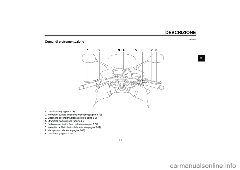 YAMAHA FZ1 S 2011  Manuale duso (in Italian) DESCRIZIONE
2-3
2
HAU10430
Comandi e strumentazione
1
2
3
4
6
7
8
5
1. Leva frizione (pagina 3-13)
2. Interruttori sul lato sinistro del manubrio (pagina 3-12)
3. Blocchetto accensione/bloccasterzo (p