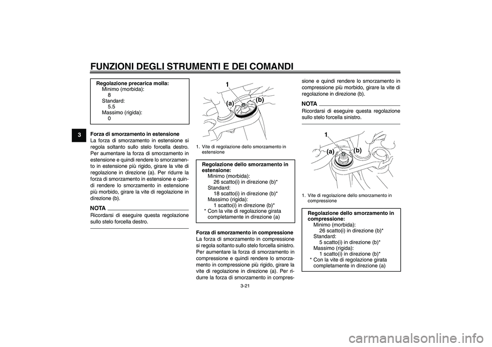 YAMAHA FZ1 S 2011  Manuale duso (in Italian) FUNZIONI DEGLI STRUMENTI E DEI COMANDI
3-21
3
Forza di smorzamento in estensione
La forza di smorzamento in estensione si
regola soltanto sullo stelo forcella destro.
Per aumentare la forza di smorzam