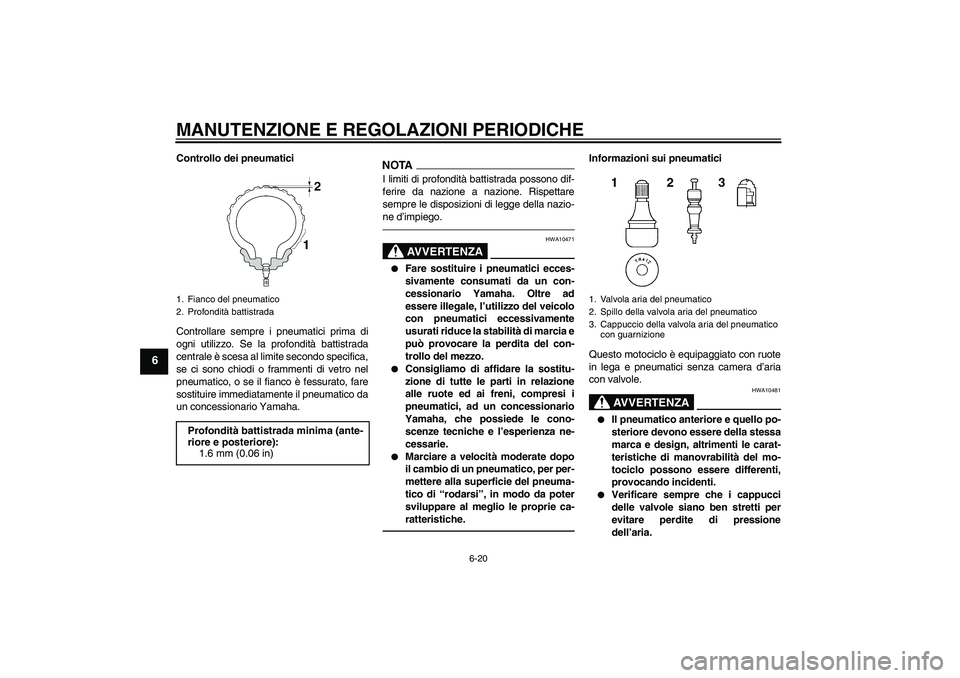 YAMAHA FZ1 S 2011  Manuale duso (in Italian) MANUTENZIONE E REGOLAZIONI PERIODICHE
6-20
6
Controllo dei pneumatici
Controllare sempre i pneumatici prima di
ogni utilizzo. Se la profondità battistrada
centrale è scesa al limite secondo specific