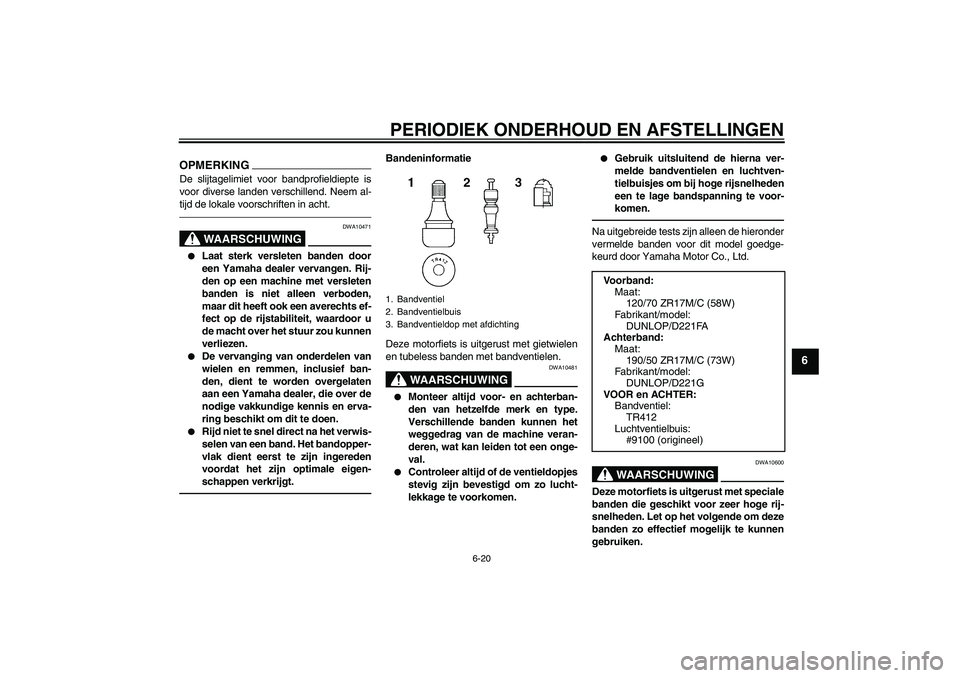 YAMAHA FZ1 S 2011  Instructieboekje (in Dutch) PERIODIEK ONDERHOUD EN AFSTELLINGEN
6-20
6
OPMERKINGDe slijtagelimiet voor bandprofieldiepte is
voor diverse landen verschillend. Neem al-
tijd de lokale voorschriften in acht.
WAARSCHUWING
DWA10471
