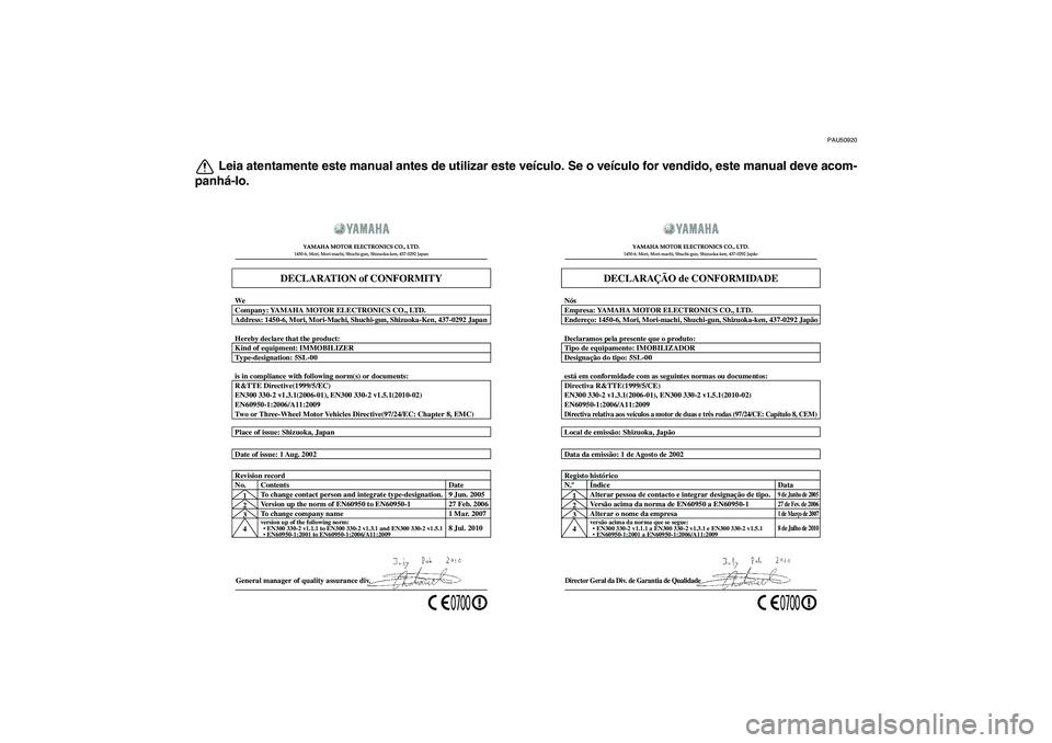 YAMAHA FZ1 S 2011  Manual de utilização (in Portuguese) PAU50920
Leia atentamente este manual antes de utilizar este veículo. Se o veículo for vendido, este manual deve acom-
panhá-lo.
General manager of quality assurance div. Date of issue: 1 Aug. 2002