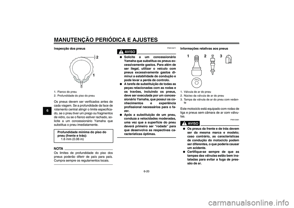 YAMAHA FZ1 S 2011  Manual de utilização (in Portuguese) MANUTENÇÃO PERIÓDICA E AJUSTES
6-20
6
Inspecção dos pneus
Os pneus devem ser verificados antes de
cada viagem. Se a profundidade da face de
rolamento central atingir o limite especifica-
do, se o