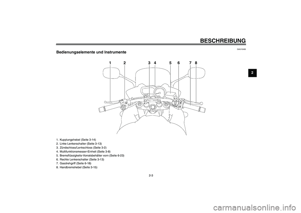 YAMAHA FZ1 S 2010  Betriebsanleitungen (in German) BESCHREIBUNG
2-3
2
GAU10430
Bedienungselemente und Instrumente
1
2
3
4
6
7
8
5
1. Kupplungshebel (Seite 3-14)
2. Linke Lenkerschalter (Seite 3-13)
3. Zündschloss/Lenkschloss (Seite 3-2)
4. Multifunkt