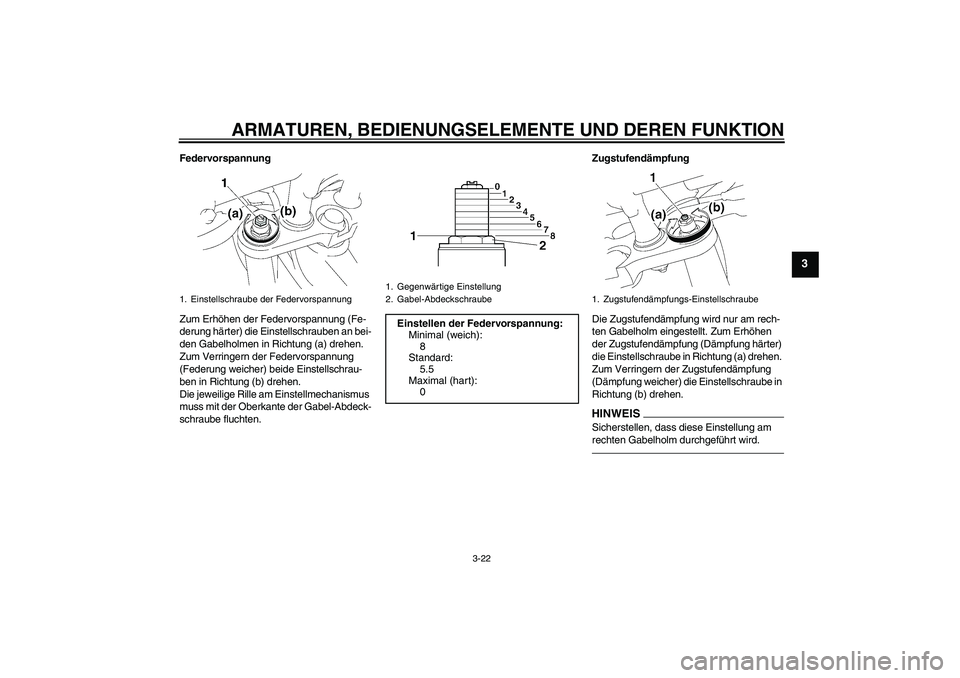 YAMAHA FZ1 S 2010  Betriebsanleitungen (in German) ARMATUREN, BEDIENUNGSELEMENTE UND DEREN FUNKTION
3-22
3
Federvorspannung
Zum Erhöhen der Federvorspannung (Fe-
derung härter) die Einstellschrauben an bei-
den Gabelholmen in Richtung (a) drehen. 
Z