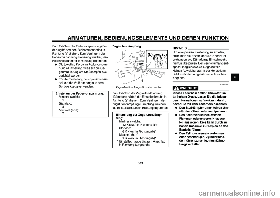 YAMAHA FZ1 S 2010  Betriebsanleitungen (in German) ARMATUREN, BEDIENUNGSELEMENTE UND DEREN FUNKTION
3-24
3
Zum Erhöhen der Federvorspannung (Fe-
derung härter) den Federvorspannring in 
Richtung (a) drehen. Zum Verringern der 
Federvorspannung (Fede