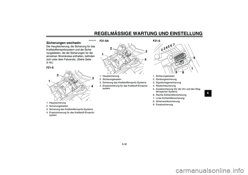 YAMAHA FZ1 S 2010  Betriebsanleitungen (in German) REGELMÄSSIGE WARTUNG UND EINSTELLUNG
6-32
6
GAU43132
Sicherungen wechseln Die Hauptsicherung, die Sicherung für das 
Kraftstoffeinspritzsystem und die Siche-
rungskästen, die die Sicherungen für d