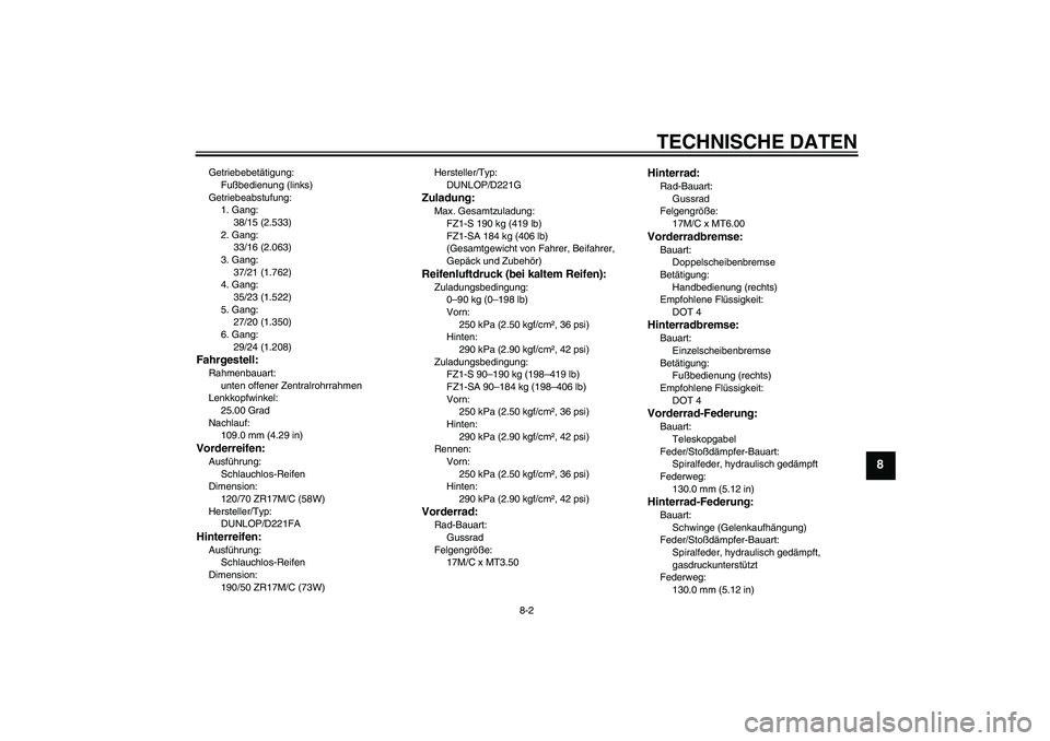 YAMAHA FZ1 S 2010  Betriebsanleitungen (in German) TECHNISCHE DATEN
8-2
8
Getriebebetätigung:
Fußbedienung (links)
Getriebeabstufung:
1. Gang:
38/15 (2.533)
2. Gang:
33/16 (2.063)
3. Gang:
37/21 (1.762)
4. Gang:
35/23 (1.522)
5. Gang:
27/20 (1.350)
