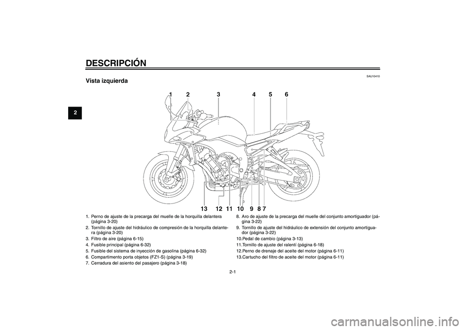 YAMAHA FZ1 S 2010  Manuale de Empleo (in Spanish) DESCRIPCIÓN
2-1
2
SAU10410
Vista izquierda1. Perno de ajuste de la precarga del muelle de la horquilla delantera 
(página 3-20)
2. Tornillo de ajuste del hidráulico de compresión de la horquilla d