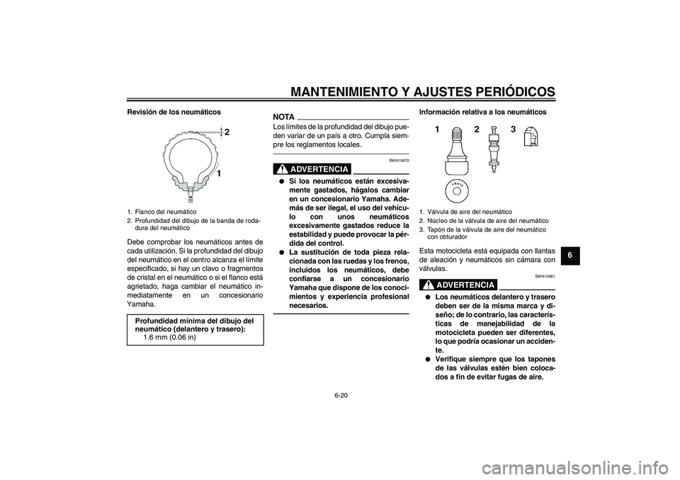 YAMAHA FZ1 S 2010  Manuale de Empleo (in Spanish) MANTENIMIENTO Y AJUSTES PERIÓDICOS
6-20
6
Revisión de los neumáticos
Debe comprobar los neumáticos antes de
cada utilización. Si la profundidad del dibujo
del neumático en el centro alcanza el l