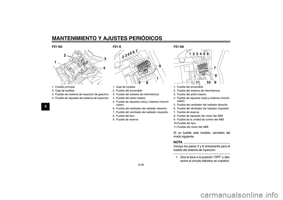 YAMAHA FZ1 S 2010  Manuale de Empleo (in Spanish) MANTENIMIENTO Y AJUSTES PERIÓDICOS
6-33
6
FZ1-SA FZ1-S FZ1-SA
Si un fusible está fundido, cámbielo del
modo siguiente.
NOTAIncluya los pasos 2 y 6 únicamente para el
fusible del sistema de inyecci