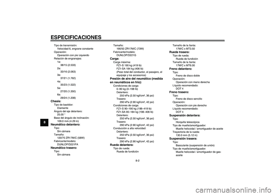 YAMAHA FZ1 S 2010  Manuale de Empleo (in Spanish) ESPECIFICACIONES
8-2
8
Tipo de transmisión:
Velocidad 6, engrane constante
Operación:
Operación con pie izquierdo
Relación de engranajes:
1a:
38/15 (2.533)
2a:
33/16 (2.063)
3a:
37/21 (1.762)
4a:
