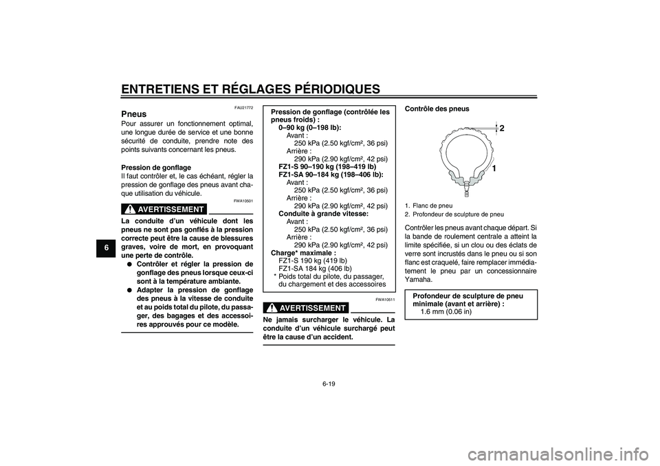 YAMAHA FZ1 S 2010  Notices Demploi (in French) ENTRETIENS ET RÉGLAGES PÉRIODIQUES
6-19
6
FAU21772
Pneus Pour assurer un fonctionnement optimal,
une longue durée de service et une bonne
sécurité de conduite, prendre note des
points suivants co