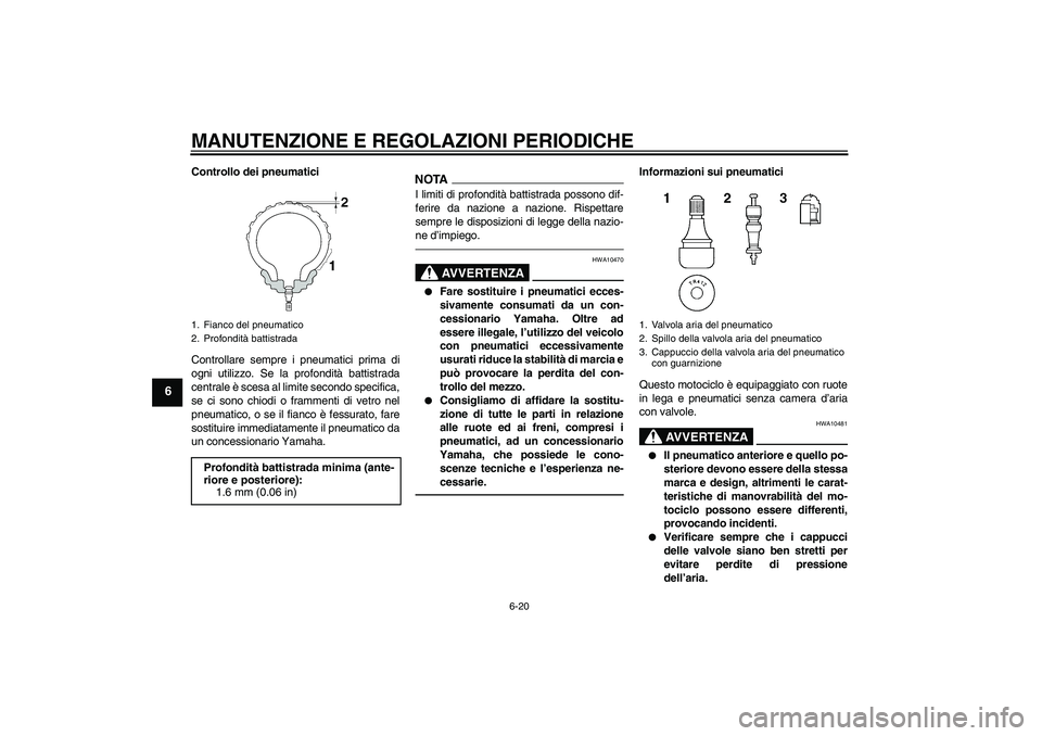 YAMAHA FZ1 S 2010  Manuale duso (in Italian) MANUTENZIONE E REGOLAZIONI PERIODICHE
6-20
6
Controllo dei pneumatici
Controllare sempre i pneumatici prima di
ogni utilizzo. Se la profondità battistrada
centrale è scesa al limite secondo specific