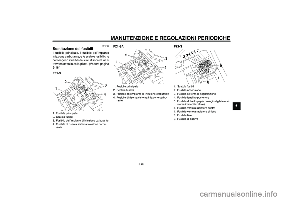 YAMAHA FZ1 S 2010 Manuale duso (in Italian) MANUTENZIONE E REGOLAZIONI PERIODICHE
6-33
6
HAU43132
Sostituzione dei fusibili Il fusibile principale, il fusibile dell’impianto
iniezione carburante, e le scatole fusibili che
contengono i fusibil YAMAHA FZ1 S 2010 Manuale duso (in Italian) MANUTENZIONE E REGOLAZIONI PERIODICHE
6-33
6
HAU43132
Sostituzione dei fusibili Il fusibile principale, il fusibile dell’impianto
iniezione carburante, e le scatole fusibili che
contengono i fusibil