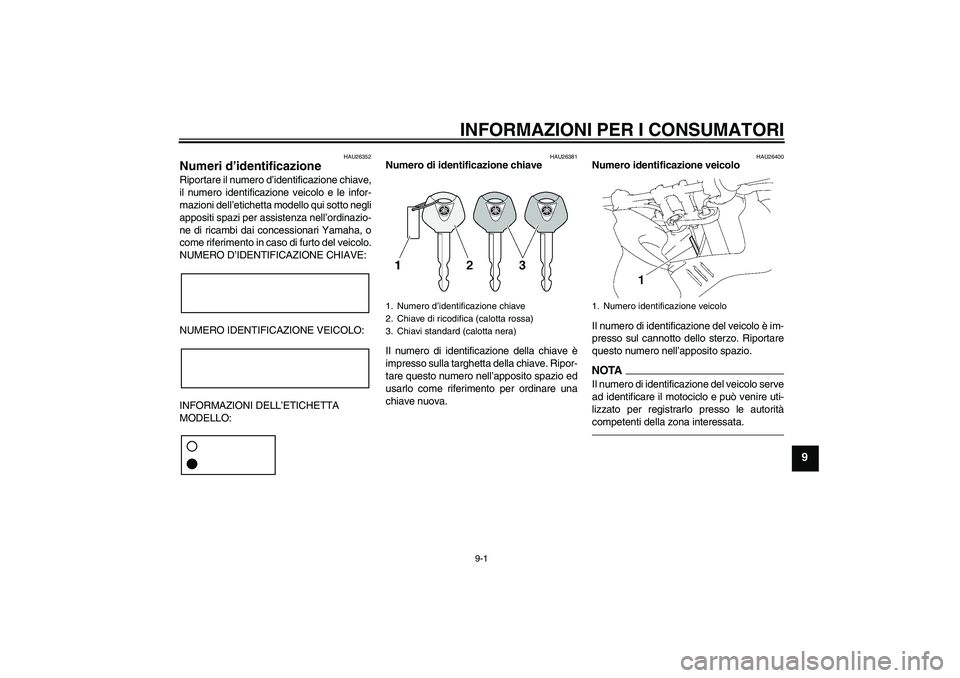 YAMAHA FZ1 S 2010  Manuale duso (in Italian) INFORMAZIONI PER I CONSUMATORI
9-1
9
HAU26352
Numeri d’identificazione Riportare il numero d’identificazione chiave,
il numero identificazione veicolo e le infor-
mazioni dell’etichetta modello 