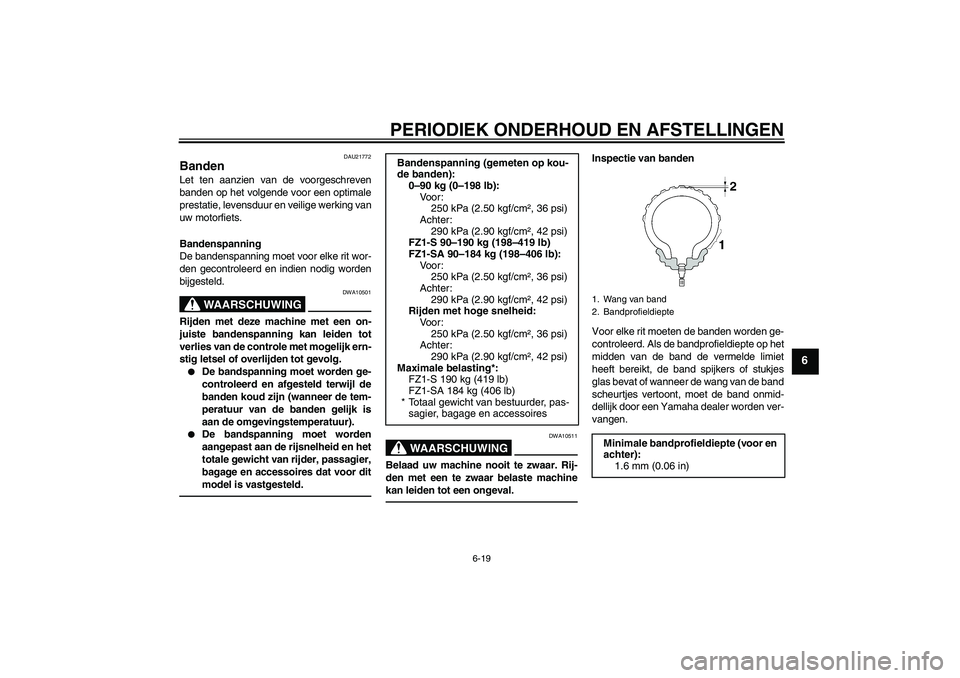 YAMAHA FZ1 S 2010  Instructieboekje (in Dutch) PERIODIEK ONDERHOUD EN AFSTELLINGEN
6-19
6
DAU21772
Banden Let ten aanzien van de voorgeschreven
banden op het volgende voor een optimale
prestatie, levensduur en veilige werking van
uw motorfiets.
Ba