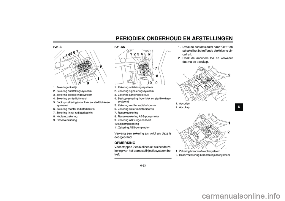 YAMAHA FZ1 S 2010  Instructieboekje (in Dutch) PERIODIEK ONDERHOUD EN AFSTELLINGEN
6-33
6
FZ1-S FZ1-SA
Vervang een zekering als volgt als deze is
doorgebrand.
OPMERKINGVoer stappen 2 en 6 alleen uit als het de ze-
kering van het brandstofinjecties
